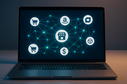 A laptop showing interconnected ecommerce platforms and tools, symbolising a multi-channel seller’s tech stack.