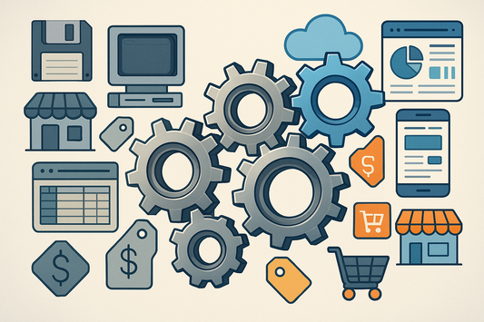 An illustration of gears turning smoothly between old and new software tools with online marketplace icons.