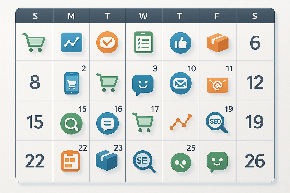 Calendar with icons of ecommerce tools, illustrating daily tech upgrades for online sellers.