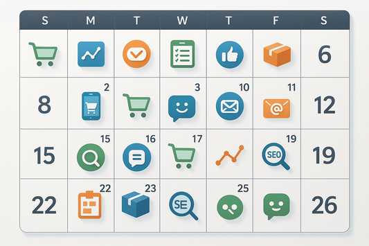 Calendar with icons of ecommerce tools, illustrating daily tech upgrades for online sellers.