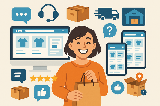Customer support icons and fulfilment tools surrounding a smiling shopper on multiple ecommerce platforms.