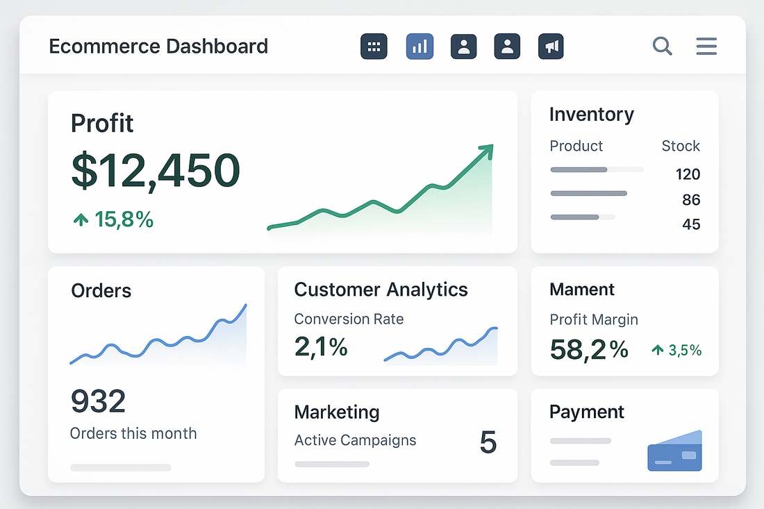 Dashboard showing multiple ecommerce tools integrated into one clean interface with profit metrics rising.