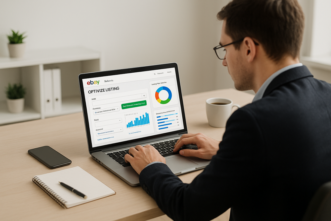 eBay seller optimizing product listings using AI tools on a laptop screen.