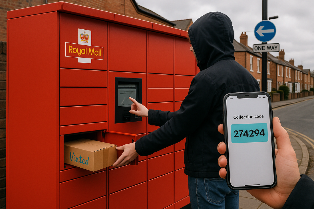 Vinted shopper collecting parcel from Royal Mail parcel locker in the UK.